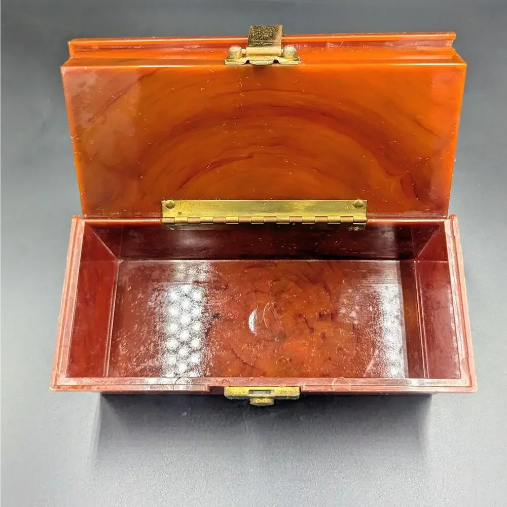 Vintage Marbled Lucite Style Purse Trinket Jewelry Box Amber Brown Brass Clasp